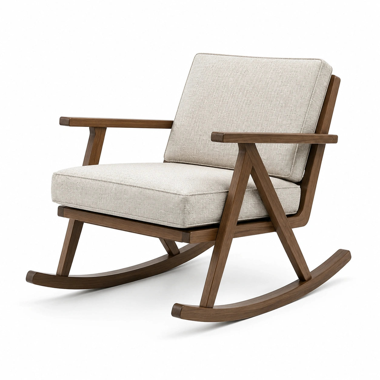 Schaukelstuhl aus Walnussholz mit Leinenpolsterung Beige
