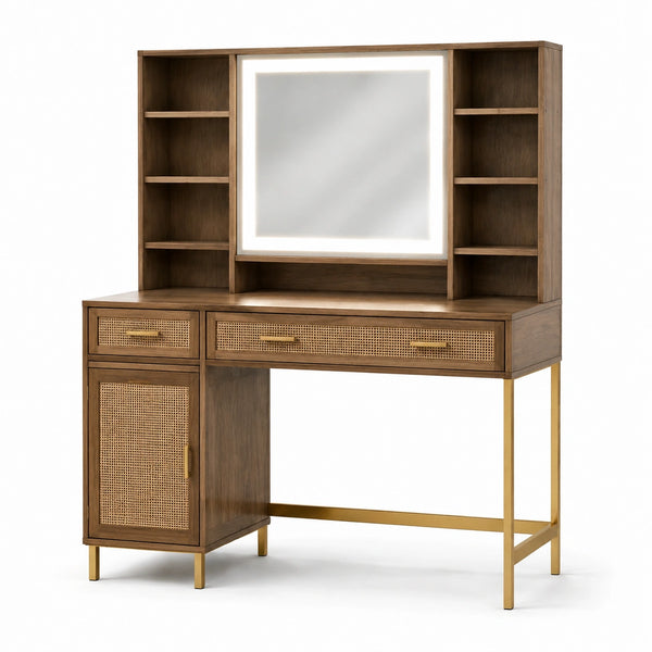 Schminktisch aus Walnussholz mit Spiegel und Regal, 120 cm, Braun