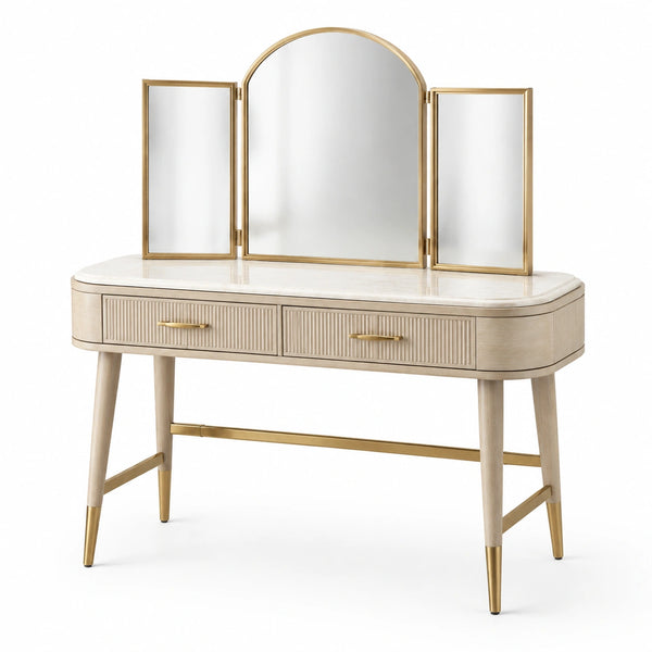 Schminktisch mit drei Spiegeln, Holz und Metall, Beige/Gold, 120cm