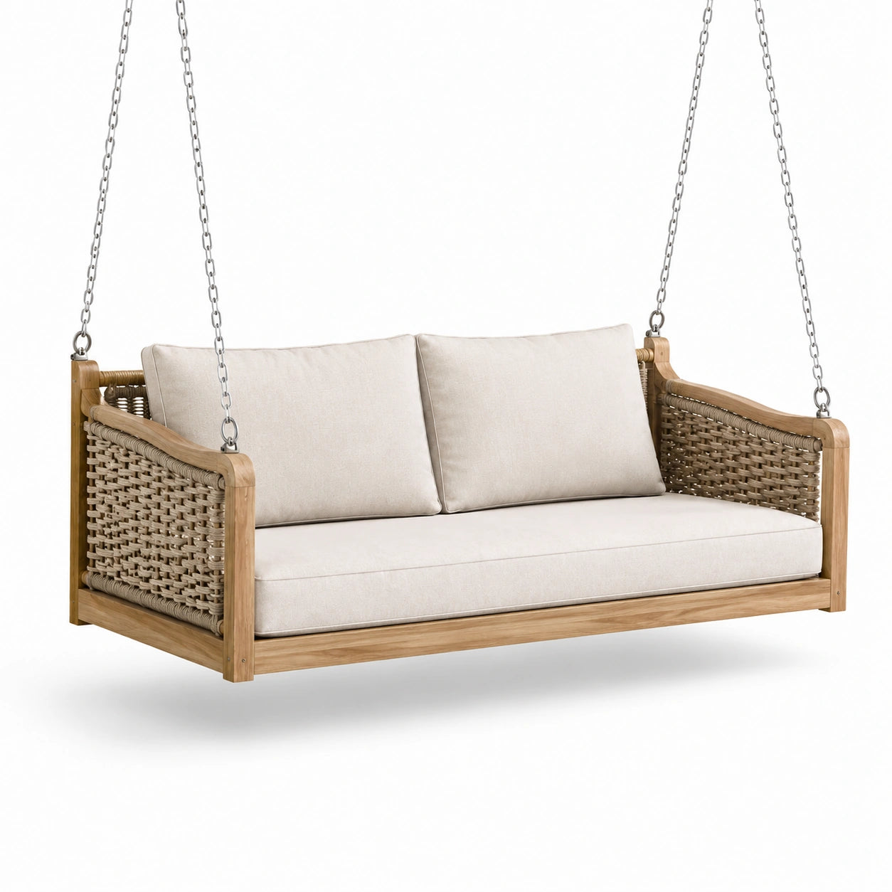 Teakholz-Schaukelbank mit Polyesterkissen und Kunststoffrattan, 200 cm
