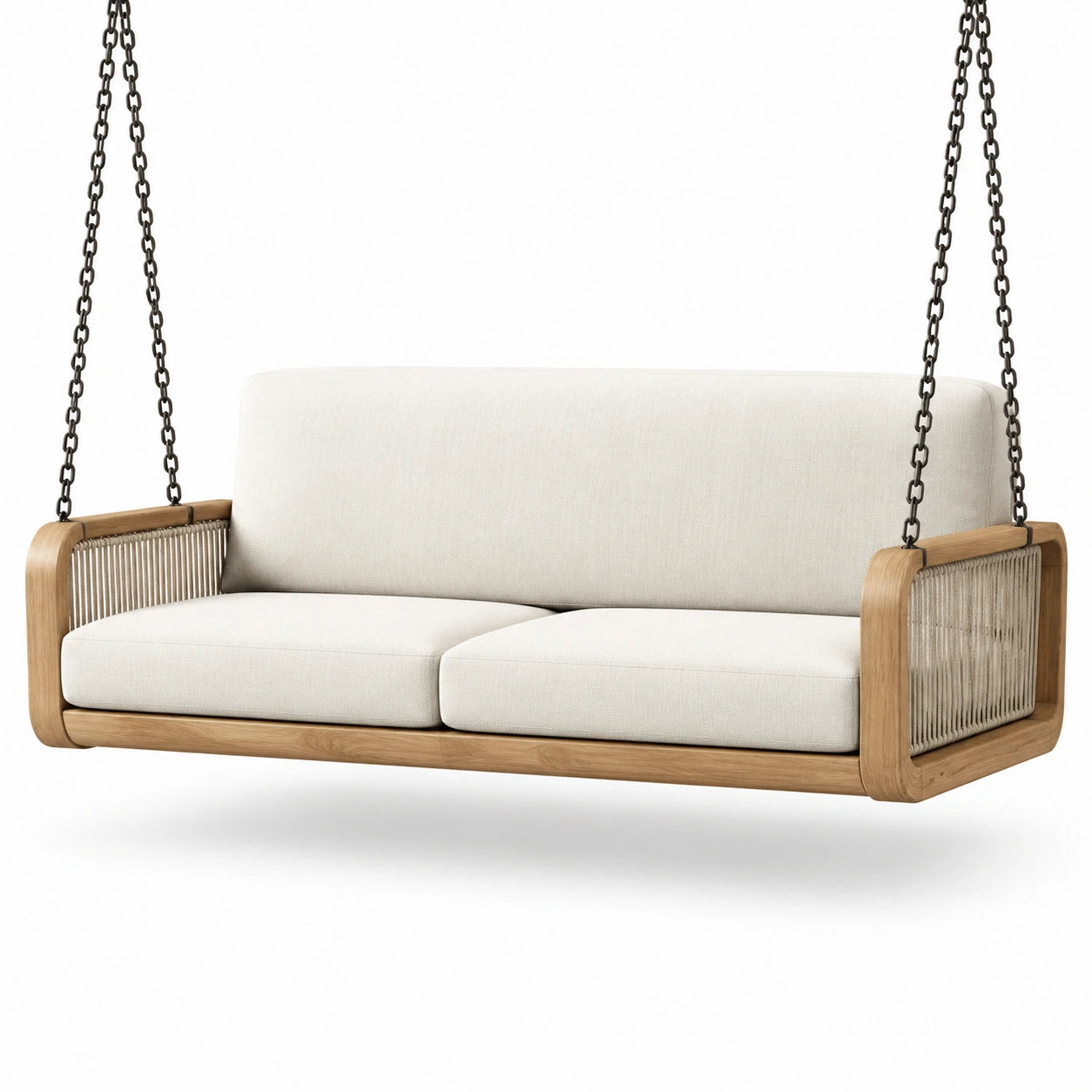 Schaukelbank aus Teakholz mit Polyesterpolsterung, Beige